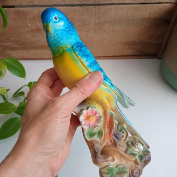 Parakeet Budgie Bird Figurine, Vintage Japan, Painted Ceramic Blue Yellow - Picture 7 of 9